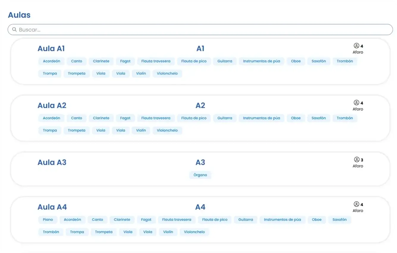 Catálogo de aulas y espacios en Amadeus con fichas de cada sala del conservatorio
