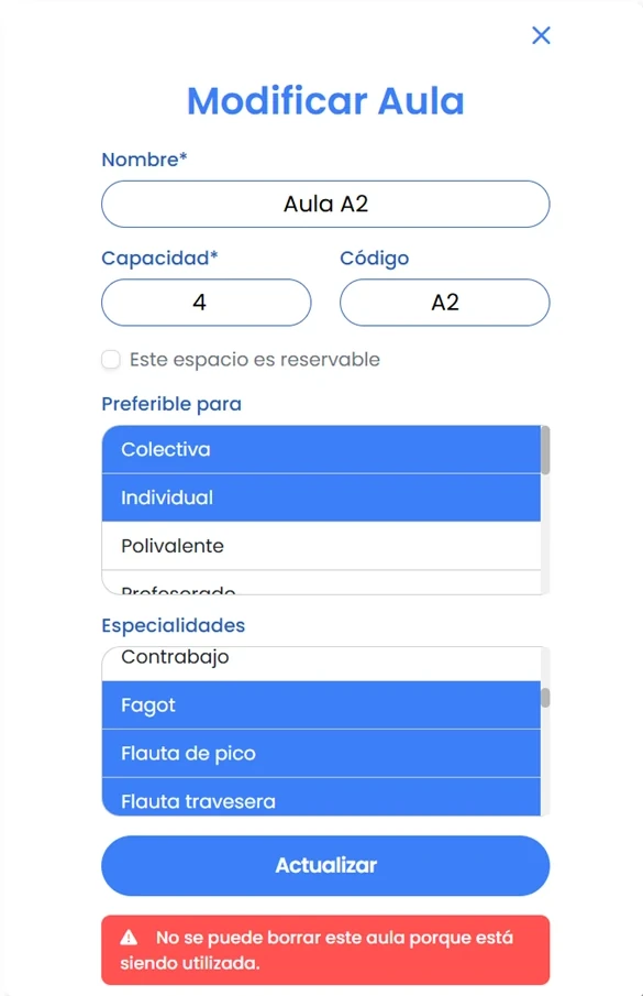 Vista de disponibilidad de aulas en Amadeus con calendario de ocupación por hora