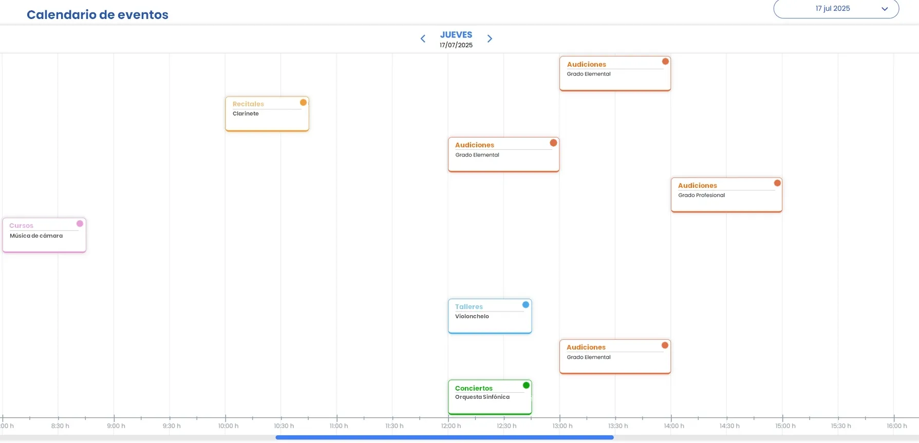 Vista del calendario de Amadeus con eventos programados del conservatorio