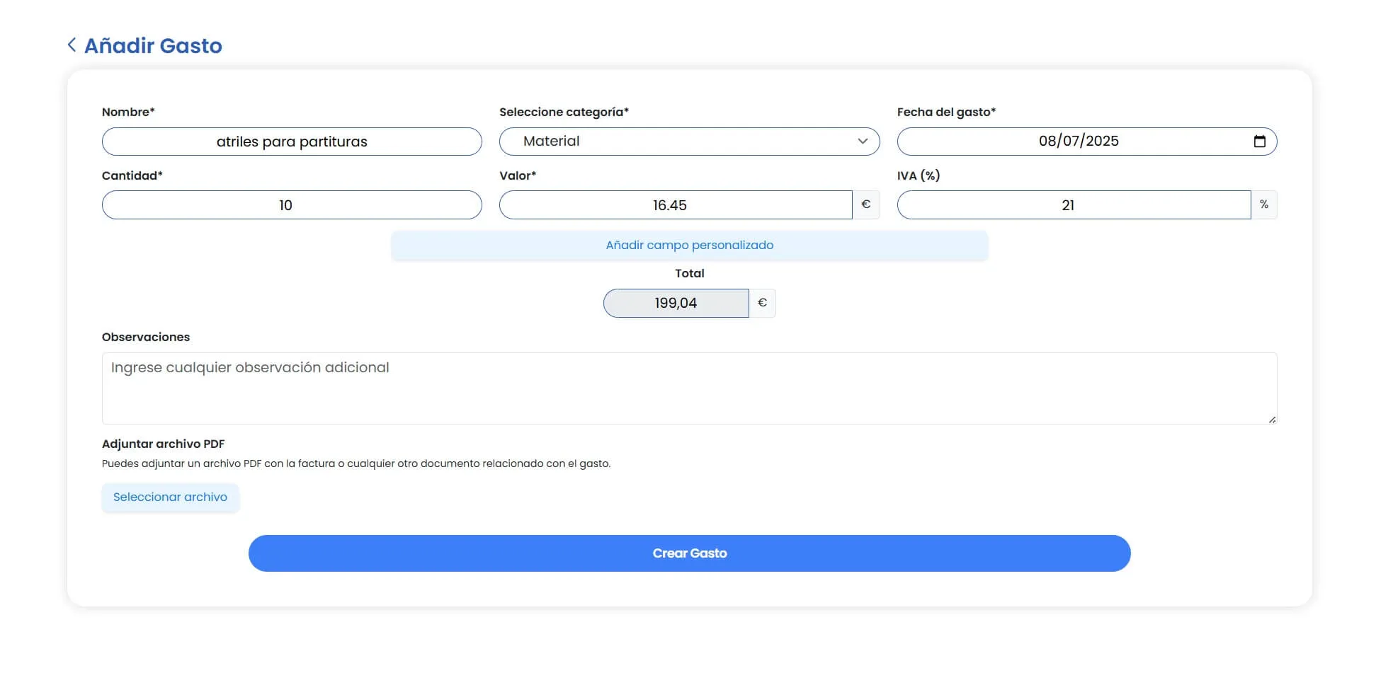 Registro de gastos en Amadeus con categoría, proveedor, importe y justificante adjunto