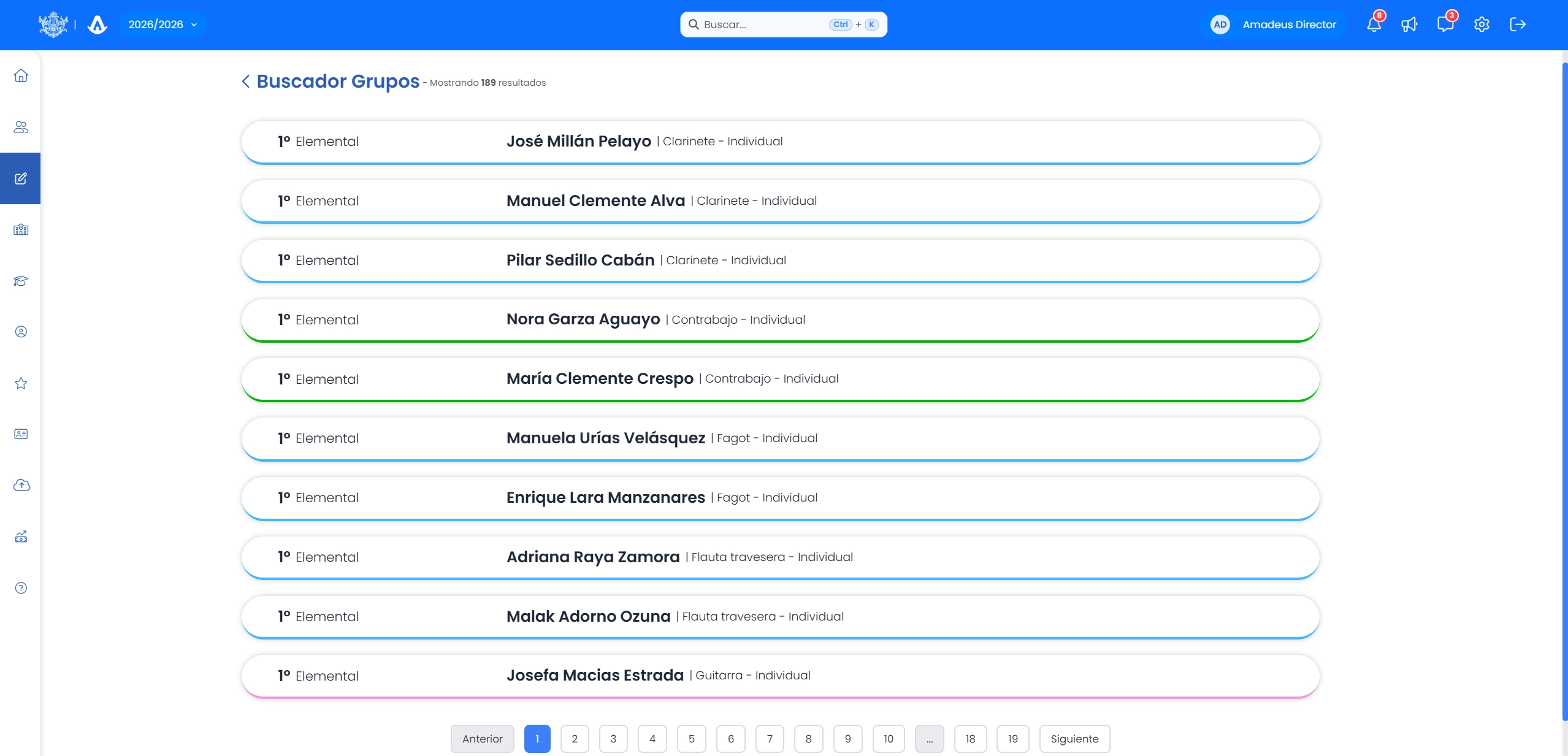 Listado de grupos activos en Amadeus con filtros por asignatura, profesor y curso