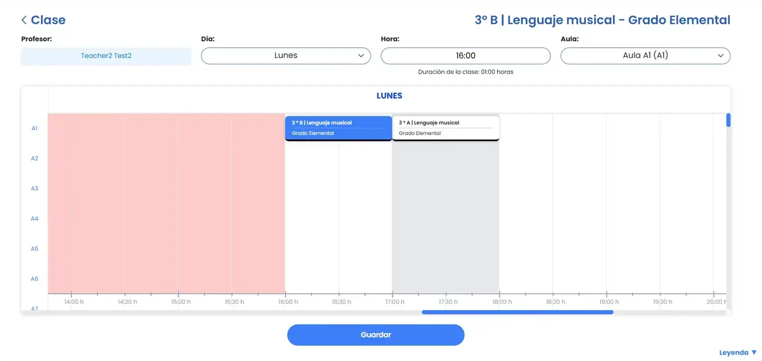 Asistente visual de creación de horarios en Amadeus con vista semanal y arrastrar y soltar