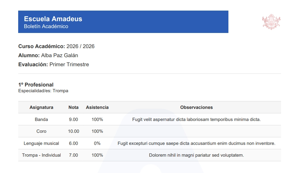 Generación de informes del cuaderno del profesor en Amadeus con datos de seguimiento agrupados