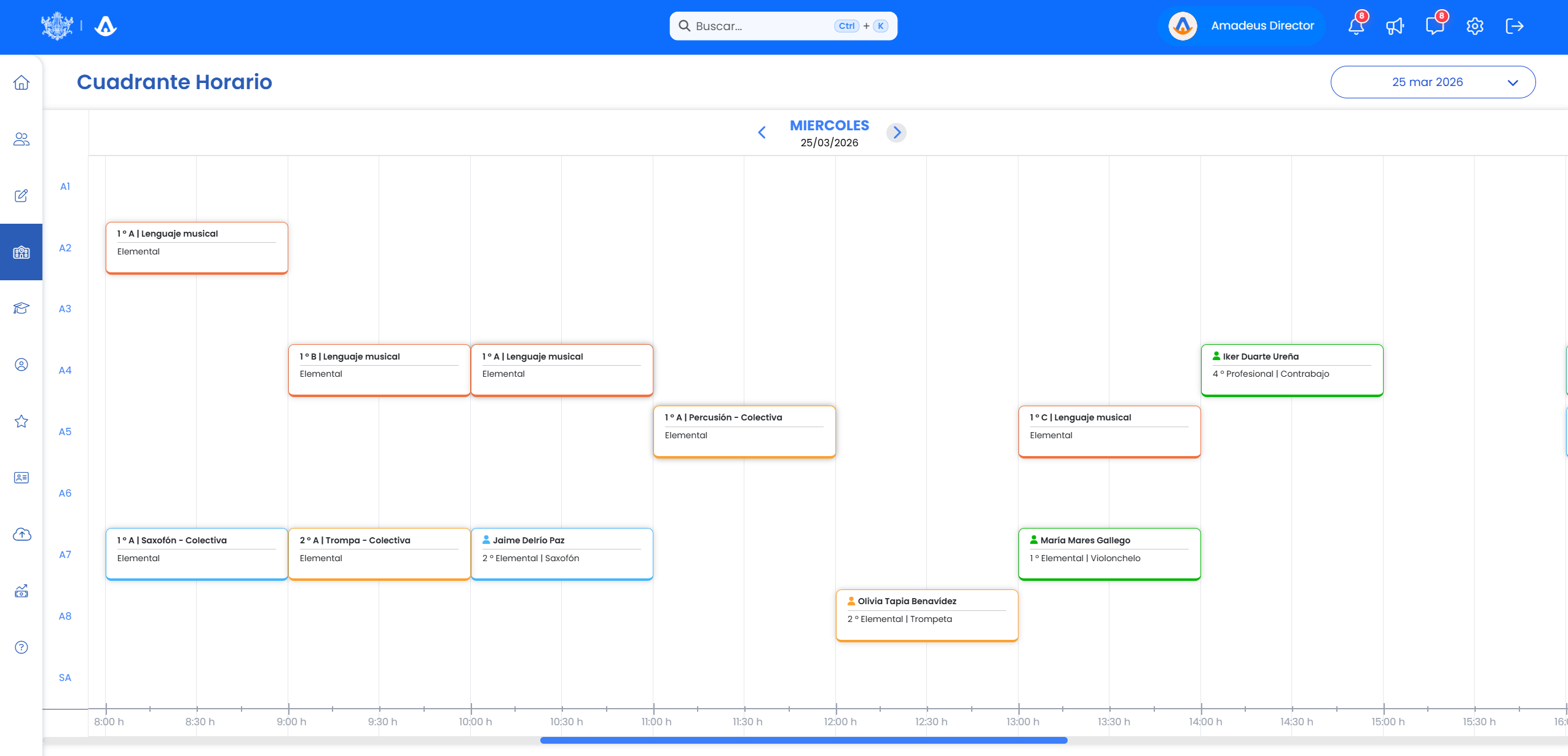Cuadrante de Amadeus exportado en PDF para impresión con todos los horarios del centro