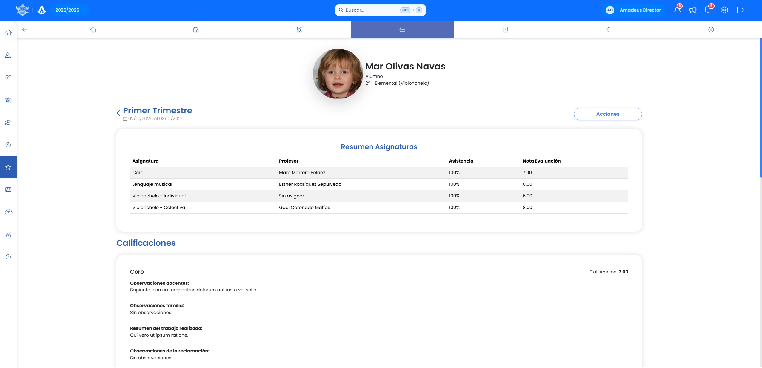 Boletín de notas generado por Amadeus con calificaciones y observaciones del profesor