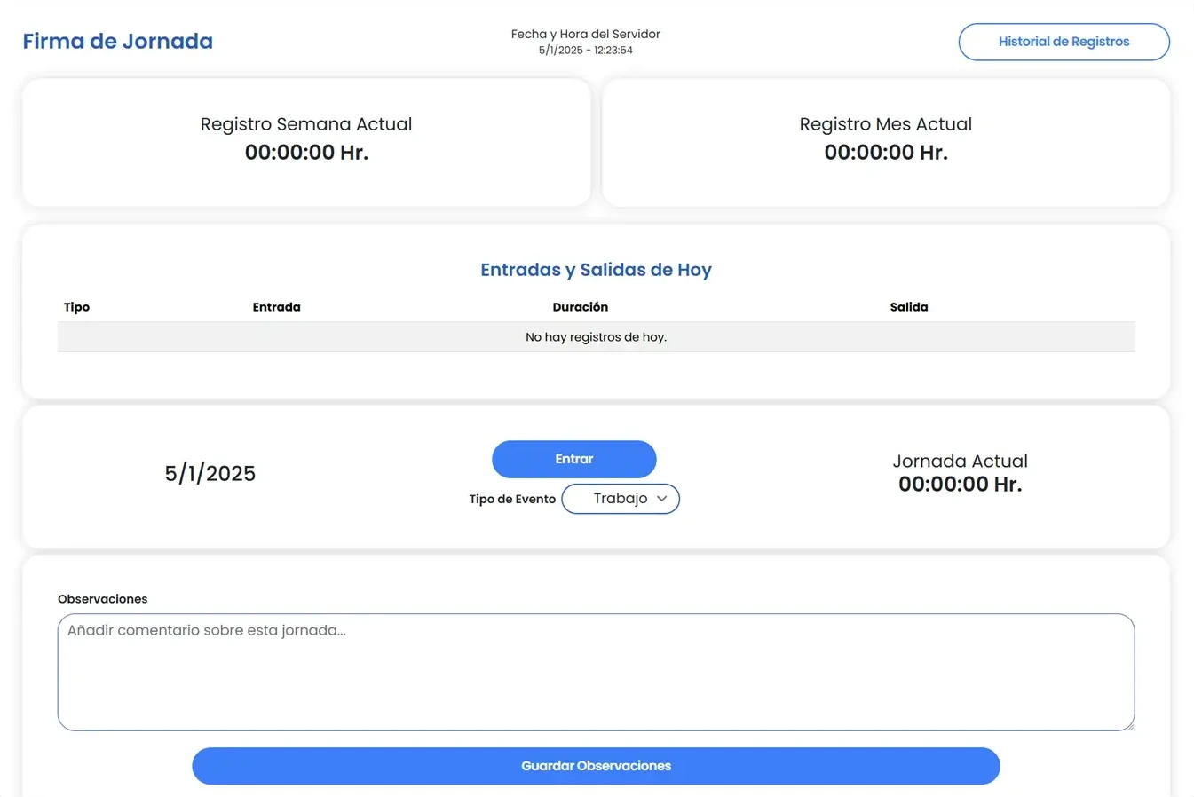 Pantalla de fichaje de jornada laboral en Amadeus desde dispositivo móvil