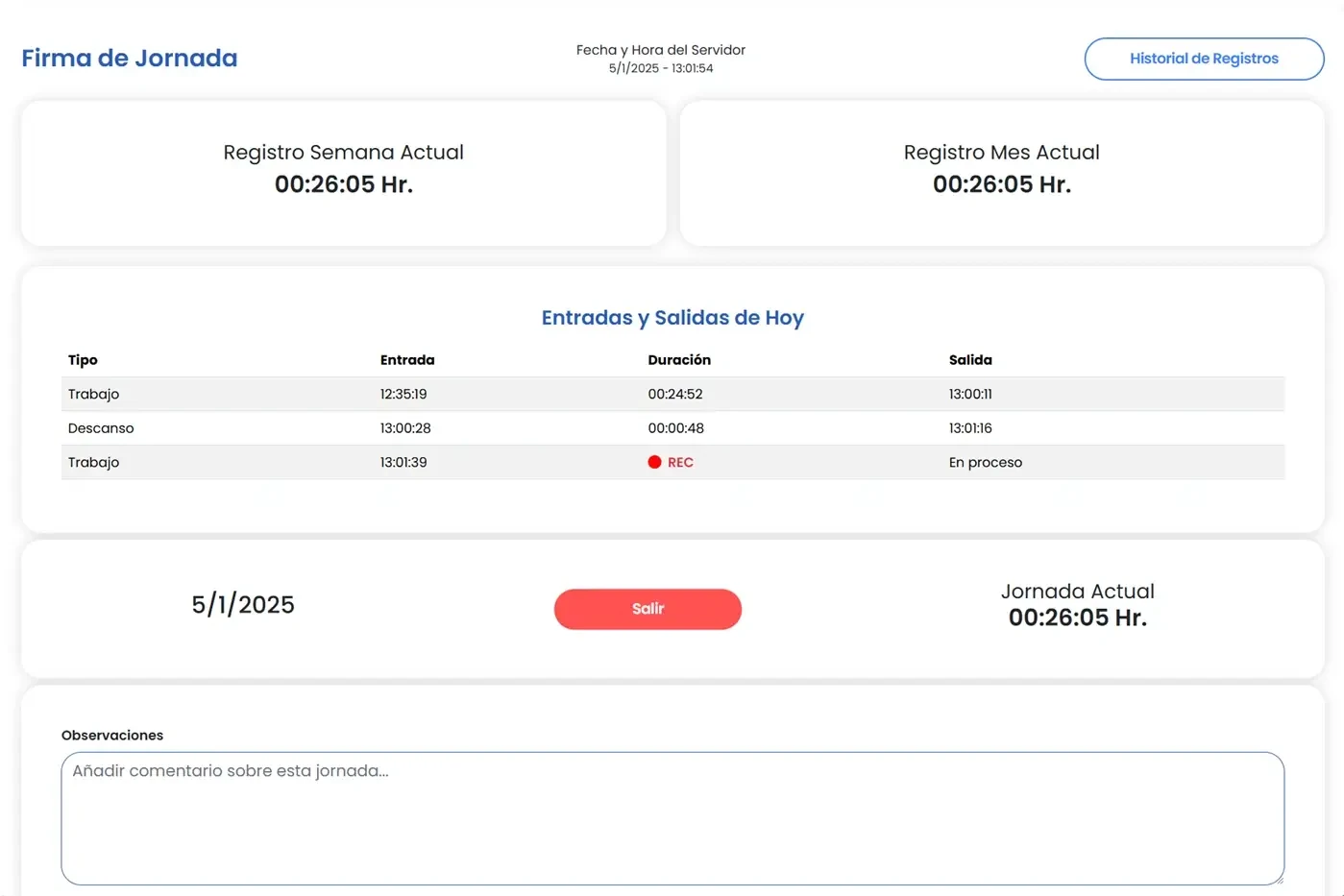 Panel de control de jornada laboral en Amadeus con resumen de horas por profesor