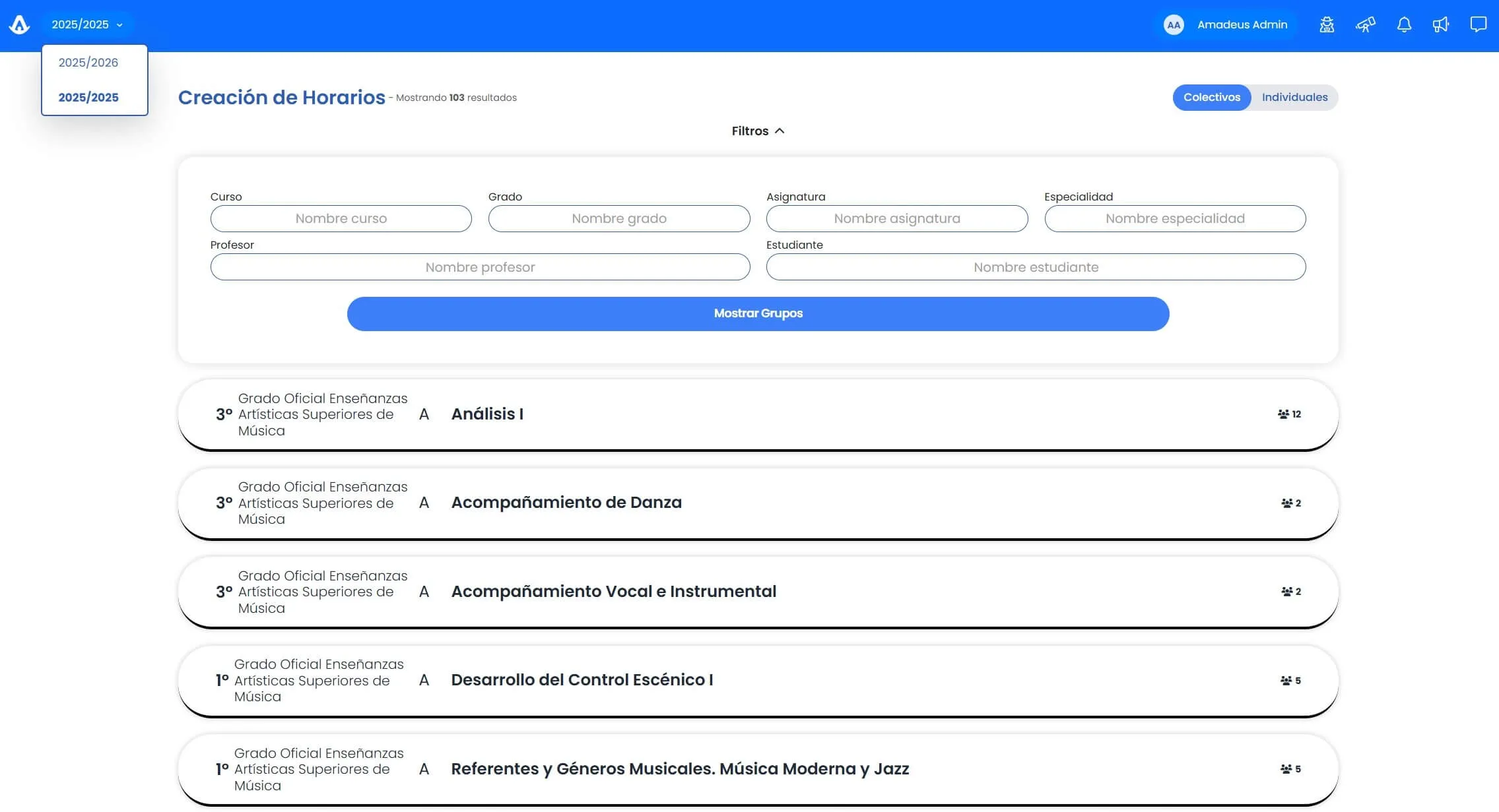 Archivo de cursos académicos de Amadeus con listado de años y datos del centro