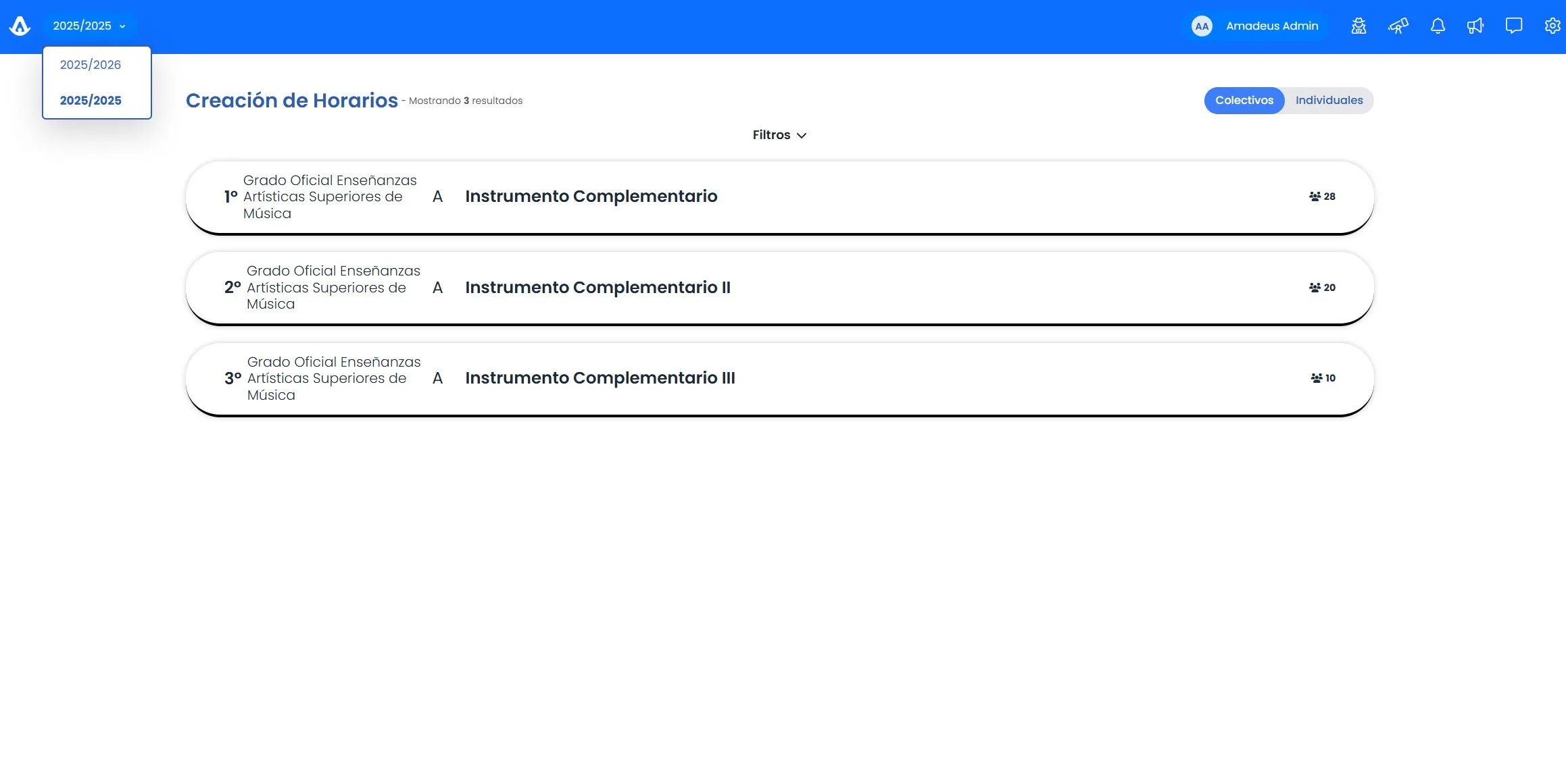 Gráfica de evolución académica de un alumno en Amadeus a lo largo de varios cursos