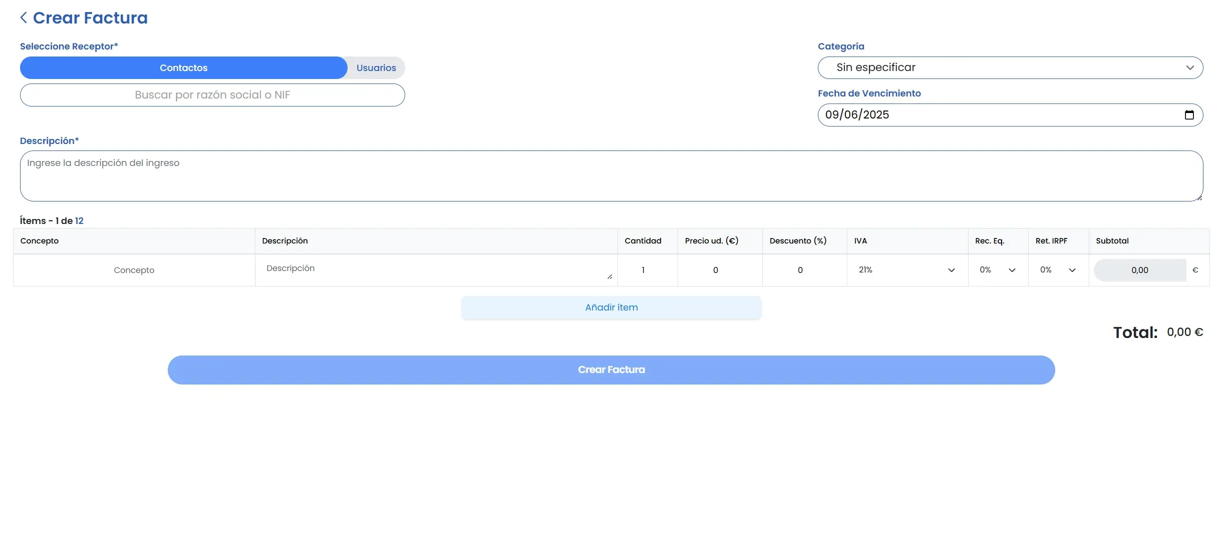Registro de ingresos en Amadeus con formulario de categoría, concepto e importe