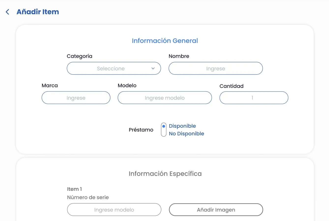 Catálogo de inventario de instrumentos en Amadeus con fichas de piano, violín y equipo de sonido