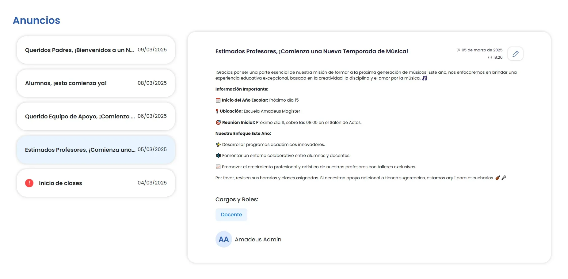 Panel de anuncios de Amadeus mostrando comunicados del centro