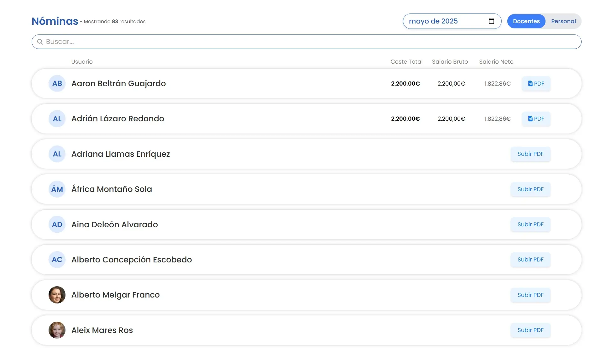 Panel de gestión de nóminas en Amadeus con listado de trabajadores y estados de pago