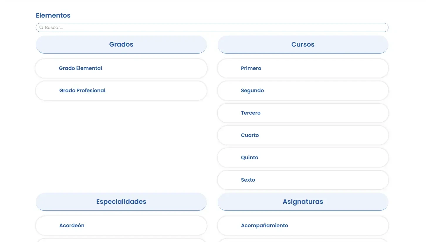 Catálogo de asignaturas del plan de estudios de Amadeus con detalles de configuración