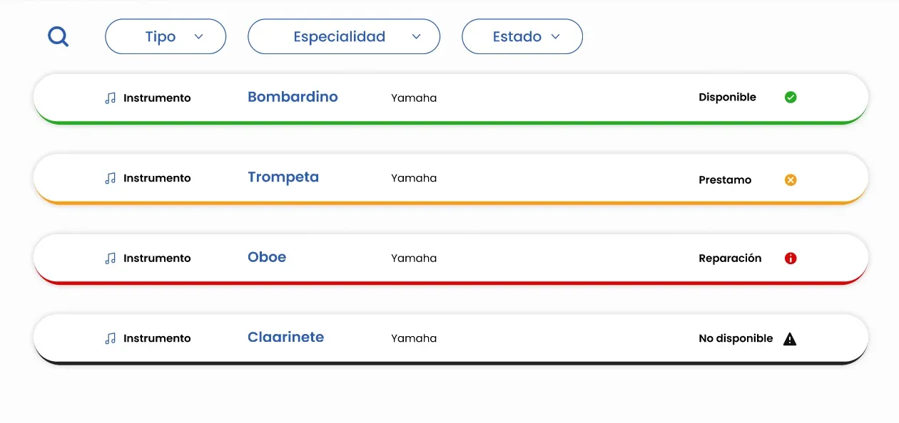 Formulario de registro de préstamo de instrumento en Amadeus con datos del alumno y del instrumento