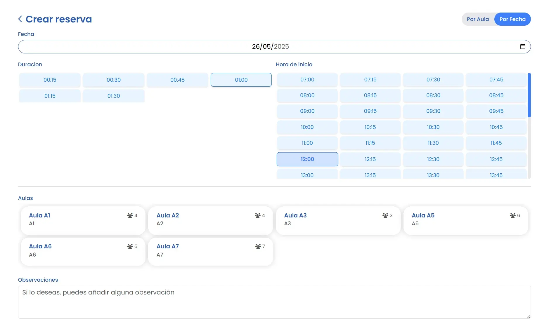 Calendario de reservas de aulas en Amadeus con disponibilidad por franja horaria