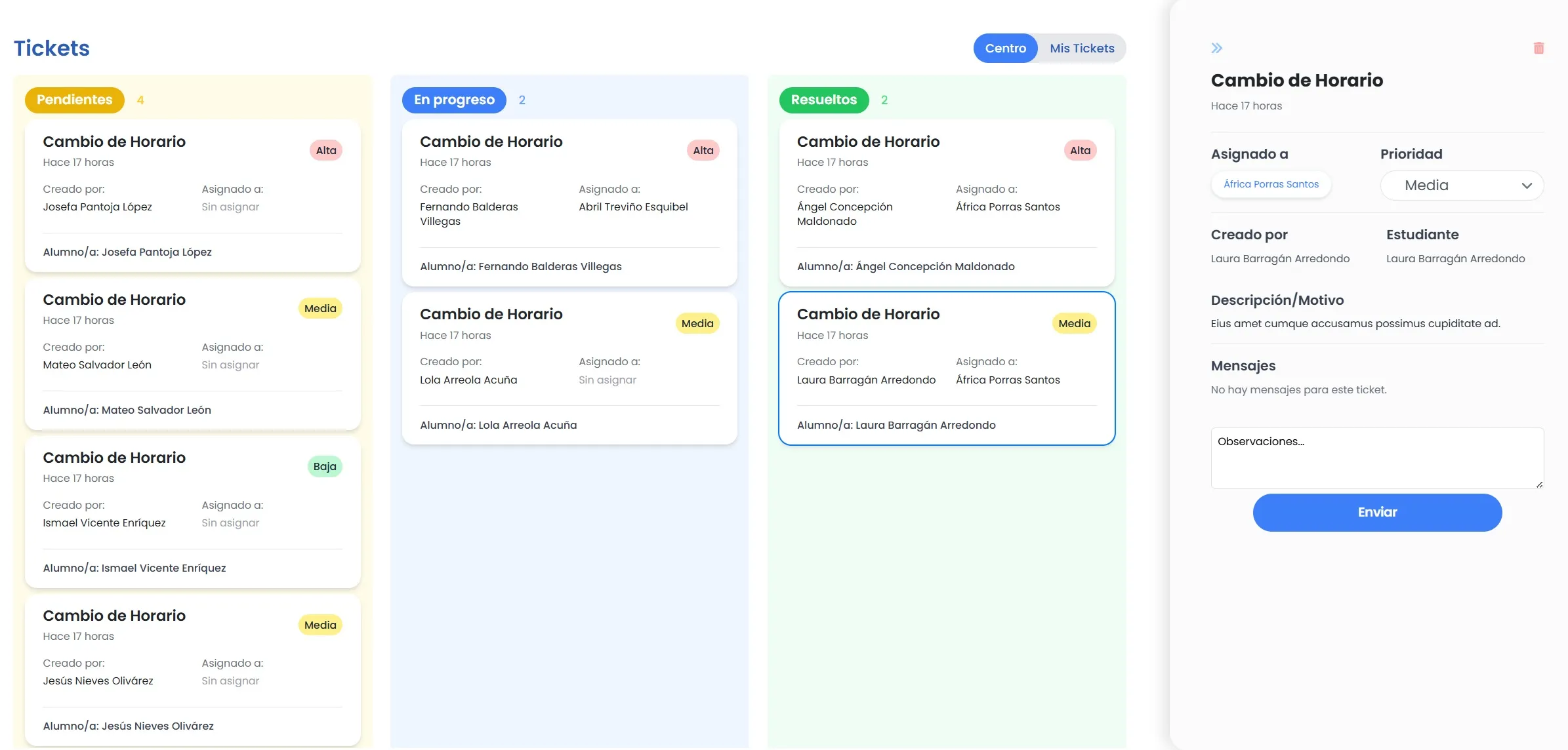 Panel de seguimiento de incidencias de Amadeus con estados y línea de tiempo